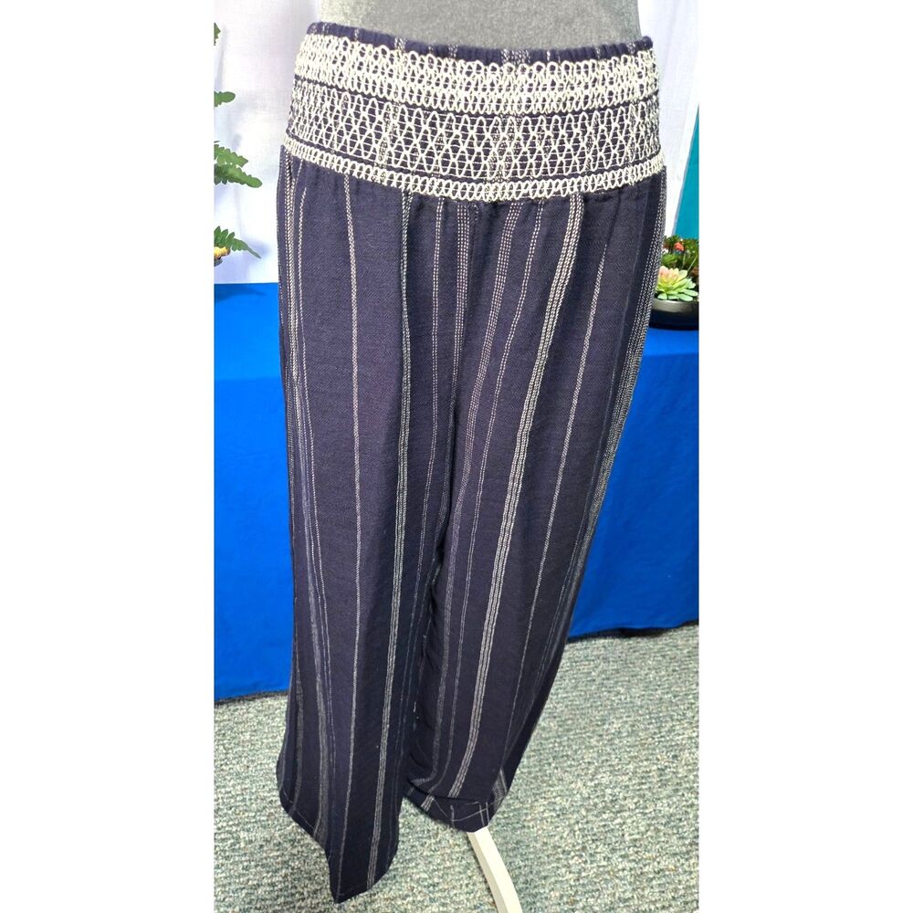 CALI 1850 Smocked Waist Wide‑Leg Pants Navy Stripe, Size M